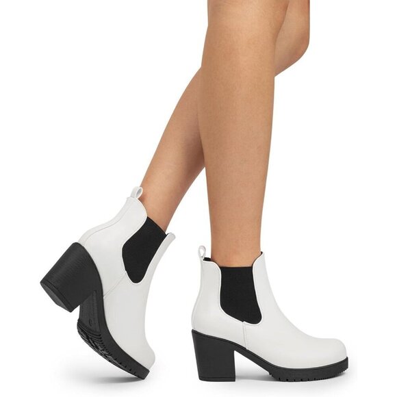 DREAM PAIRS Women's High Chunky Heel White/Black Textile Booties Shoes - Picture 5 of 5
